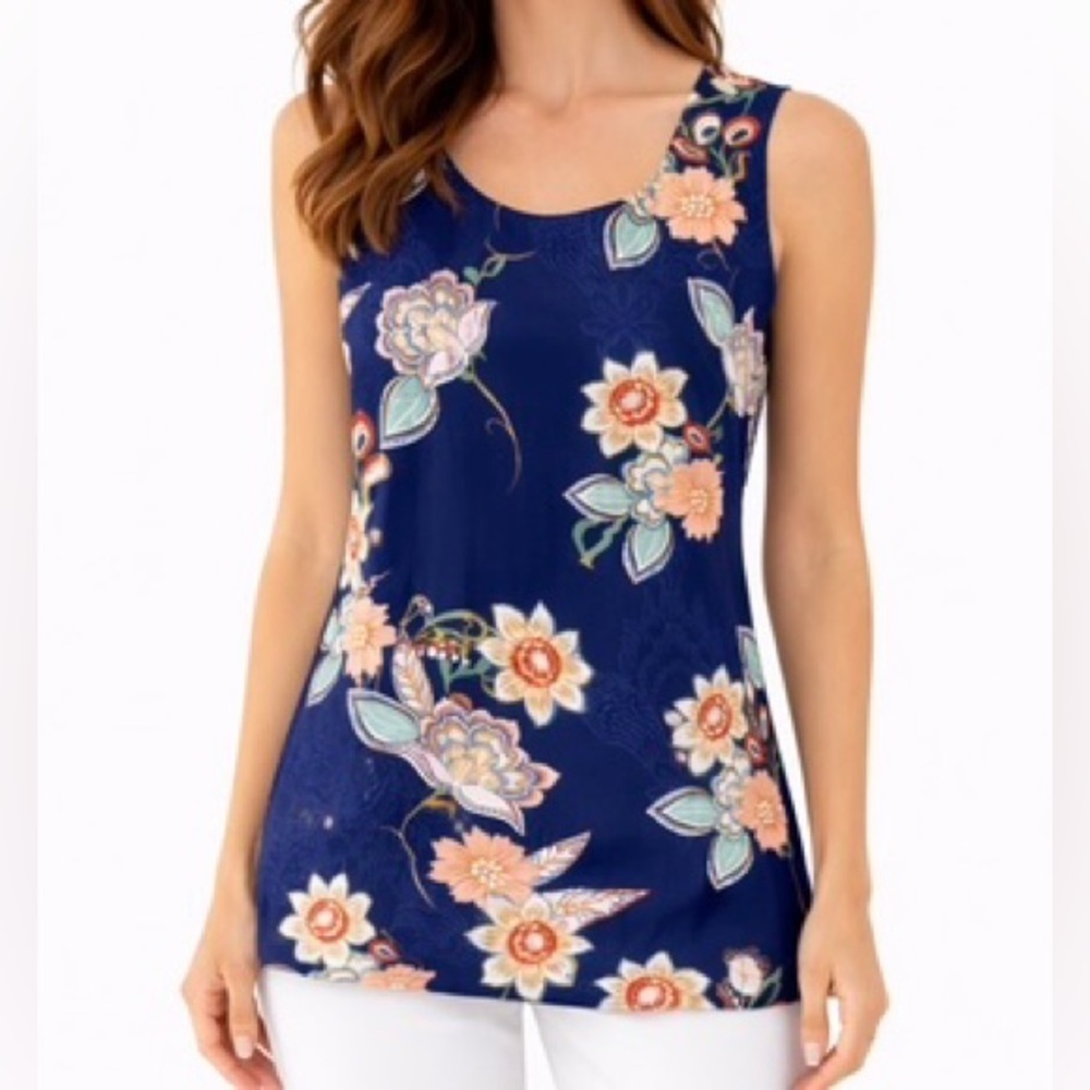 Chico's Reversible Sleeveless Tank – Navy Floral & Nautical Stripe Size L - Picture 2 of 13